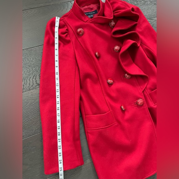French Connection Womens Red Waterfall Ruffle Double Breasted Pea Coat Sz 10 - Picture 6 of 12